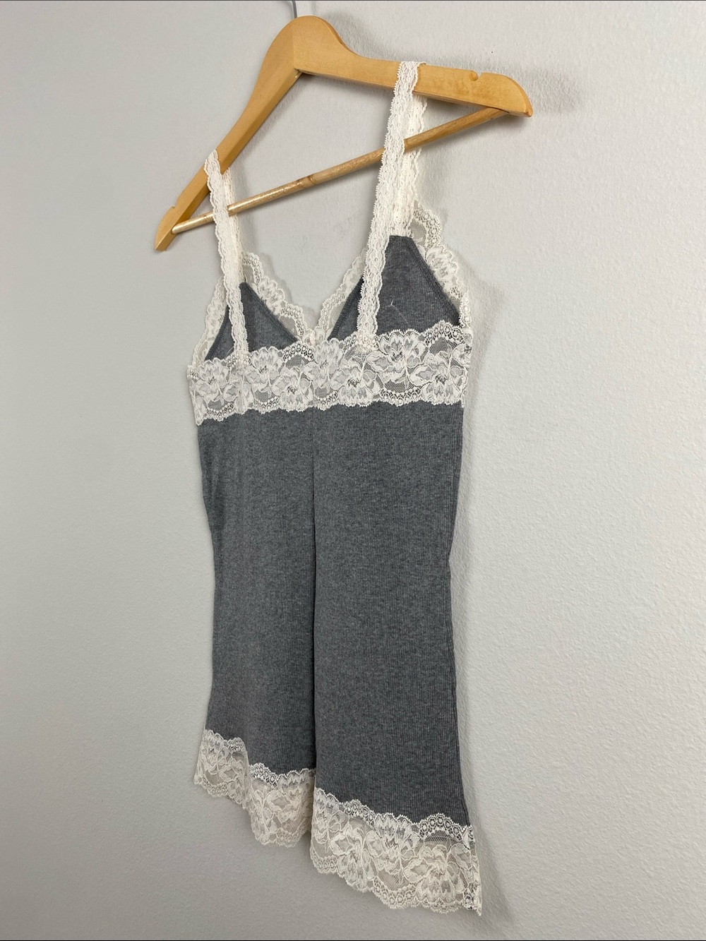 Abercrombie & Fitch Lace Embroidered Ribbed Camisole/Tank Top | Gray/Ivory - Picture 8 of 16